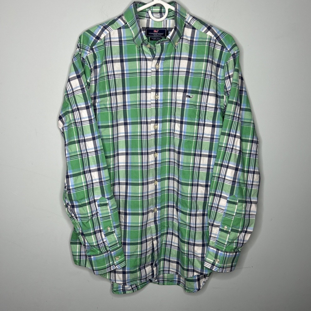 Vineyard Vines Tucker Shirt LS Blue Green Plaid Button‎ Down Shirt Men Size M